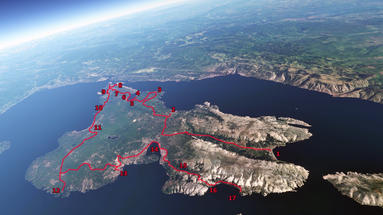 Targa Veglia: 1 - Baška, 2 - Vrbnik, 3 - Šilo, 4 - Klimno, 5 - Soline, 6 - Čižići, 7 - Letališče Reka, 8 - Voz, 9 - Omišalj, 10 - Njivice, 11 - Malinska, 12 - Valbiska, 13 - Krk, 14 - Punat, 15 - 45. vzporednik, 16 - cesta v Staro Baško, 17 - Stara Baška;