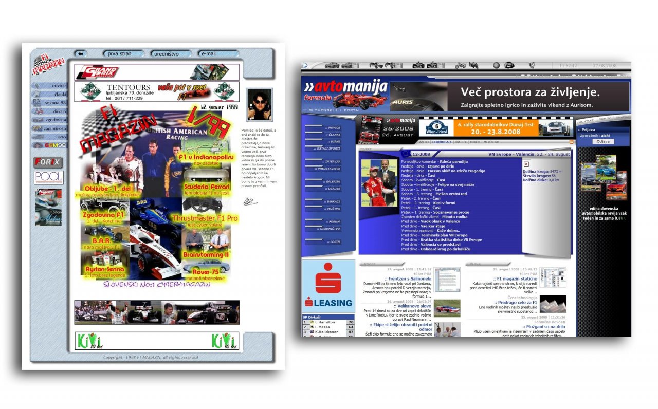 2008 smo praznovali 10 let F1 magazina; na levi številka 1/99 (prva, avgusta 1998 je bila 0) in dizajn portala leta 2008. Avtomanija je bila enaka, le rdeča.